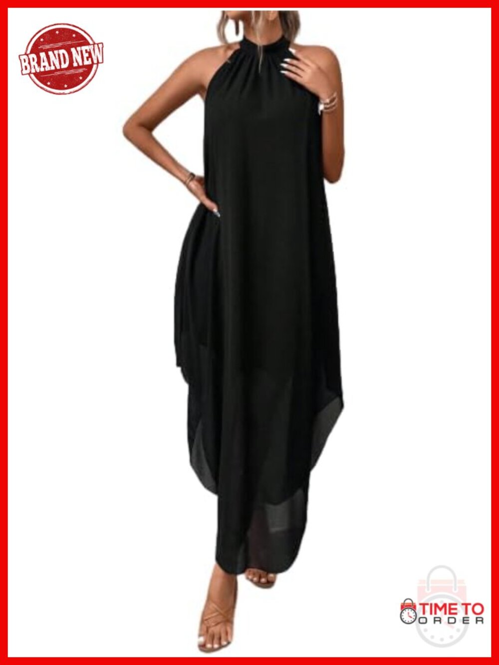 Women's Flowy Chiffon Halter Maxi Dress Sleeveless Asymmetrical Hem
